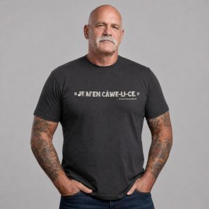 Modèle portant le t-shirt BCBC Cawelice noir — citation «Je m'en câwe-li-ce.» David Bouchard · Bon Cop Bad Cop