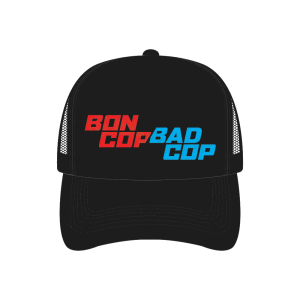 Casquette trucker BCBC noir — logo Bon Cop Bad Cop bicolore rouge et bleu, snapback taille unique